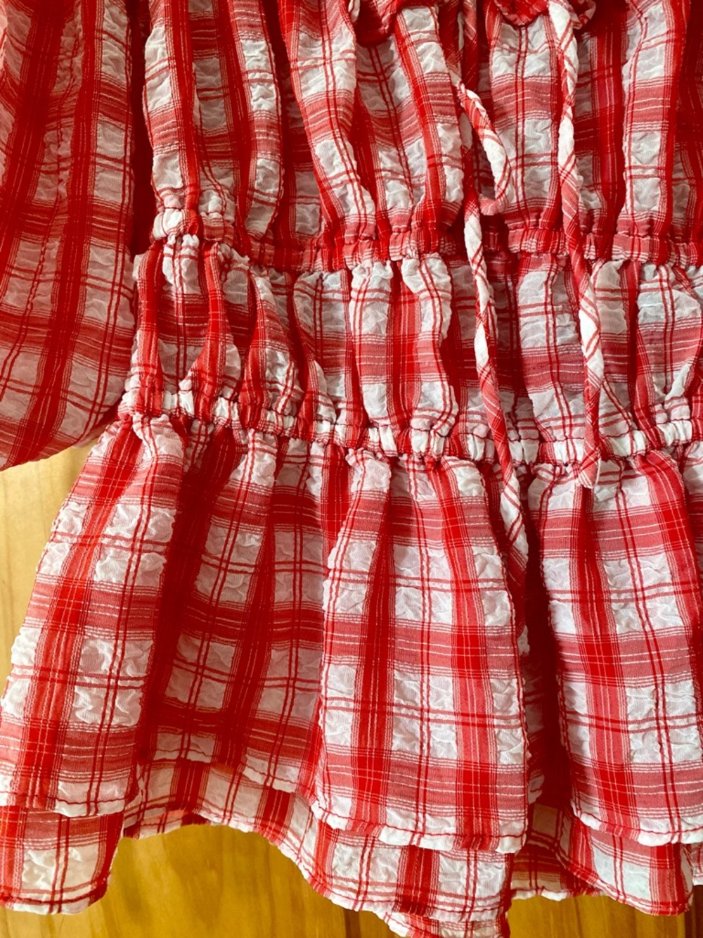 En Saison Red Plaid Smocked Peplum Top Puff Sleeve Cottagecore Picnic Blouse S - Picture 5 of 13
